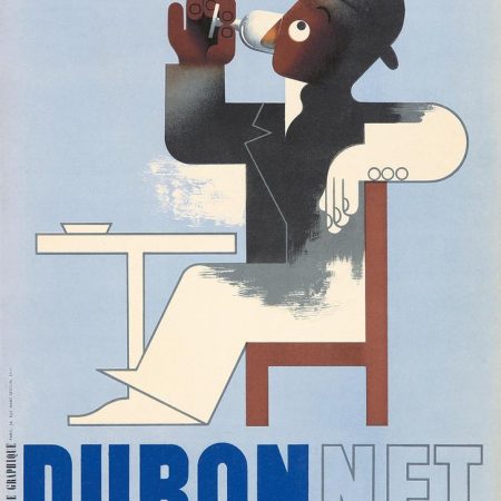 Affiche de Cassandre, pour la marque d'apéritif Dubonnet, montant un homme assis en train d'en boire un verre.