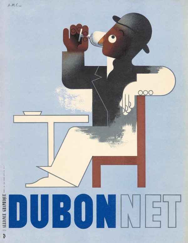 Affiche de Cassandre, pour la marque d'apéritif Dubonnet, montant un homme assis en train d'en boire un verre.