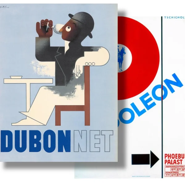 Montage montrant l'affiche Dubonnet de Cassandre et l'affiche Napoléon de Tschichold